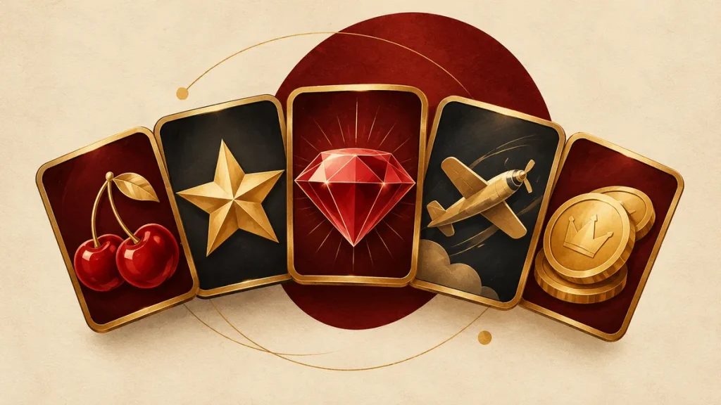 Fan of varied game symbols illustrating the BGaming slot comparison