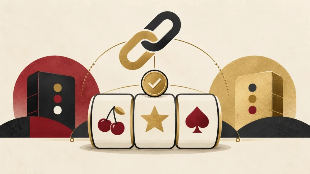 Slot symbols with chain links and a verification check, illustrating crypto slot providers
