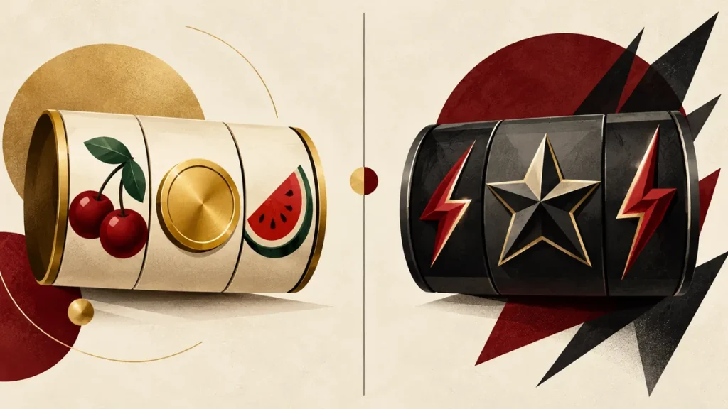 Contrasting classic fruit reels and angular slot symbols for a provider comparison