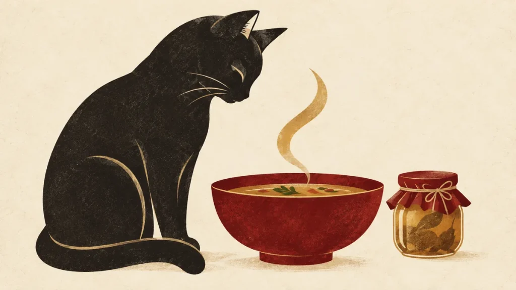 Cat, soup bowl and jar illustrating Cat's Soup