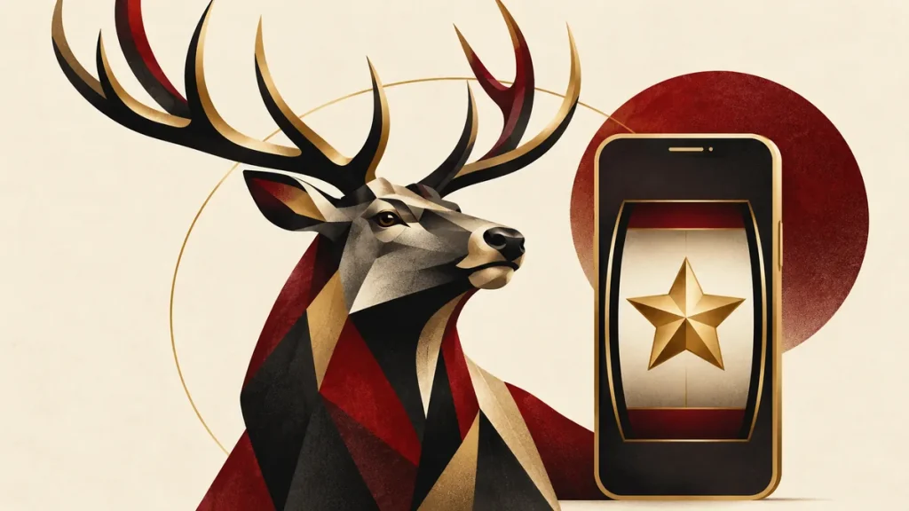 Geometric elk head beside a simplified mobile slot frame