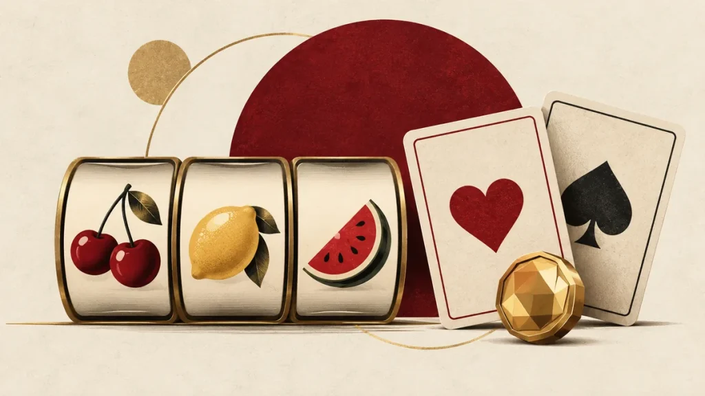 Classic fruit slot reels with red and black playing cards