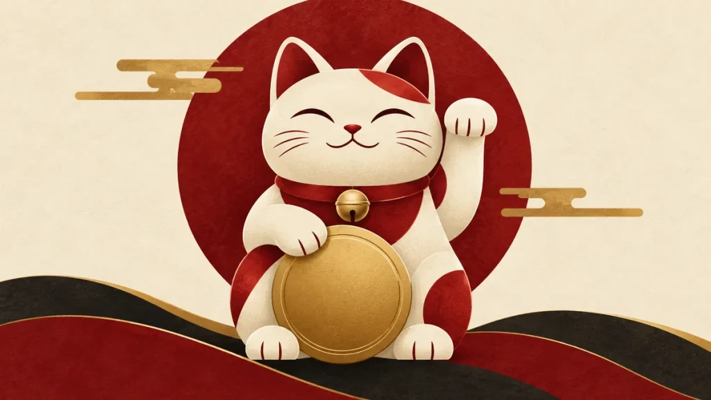 Beckoning cat and gold coin illustrating Maneki 88 Fortunes