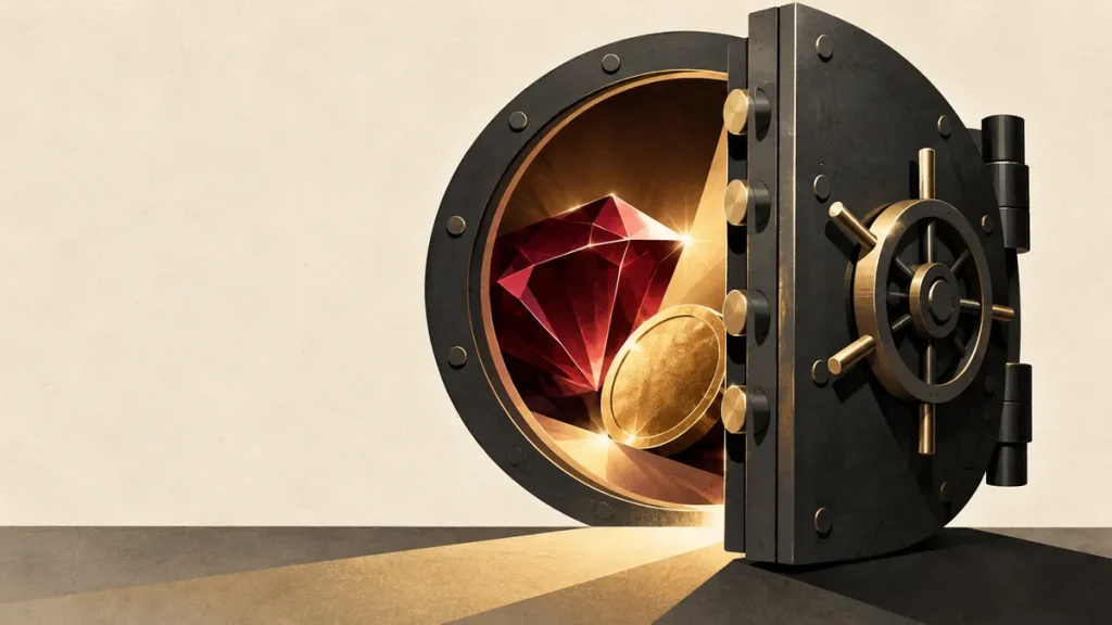 Vault door, coin and mystery symbol illustrating Mystery Heist