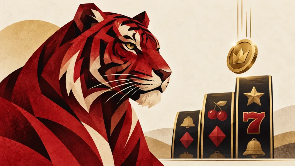 Geometric red tiger with a falling gold coin and variable-height slot reels