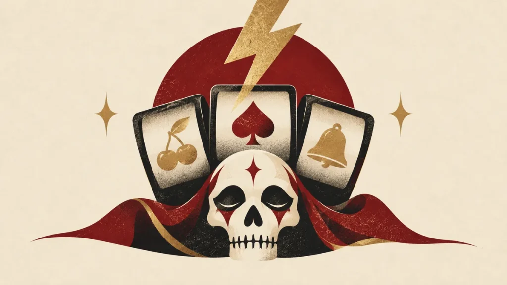 Lightning bolt, stylized skull and slot tiles illustrating Thunderkick's distinctive game art