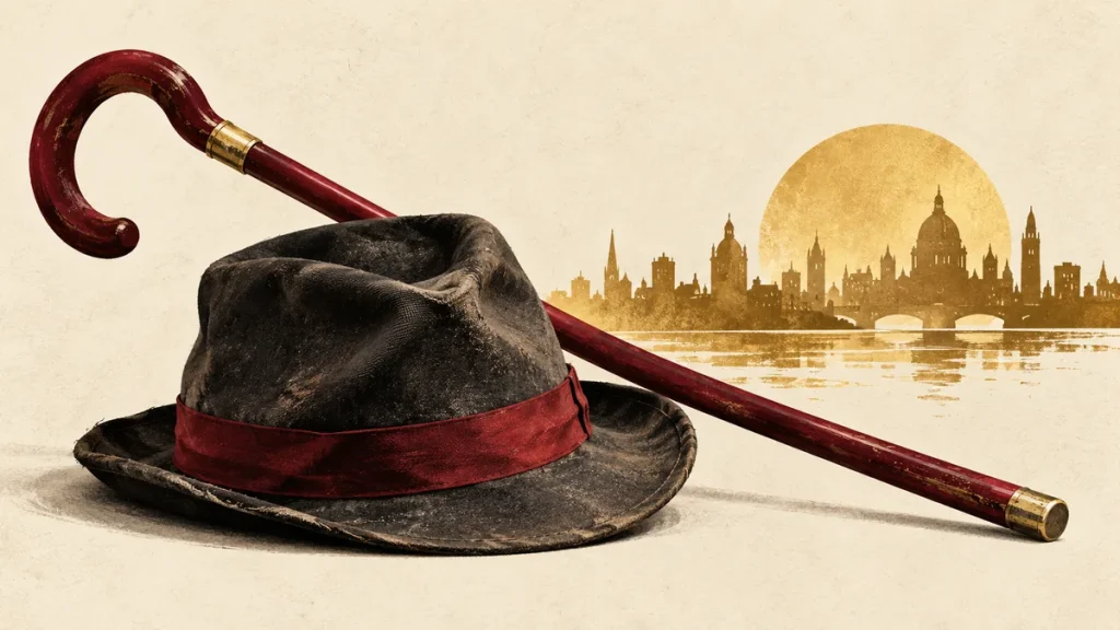 Hat, walking stick and city motif illustrating Tramp Day