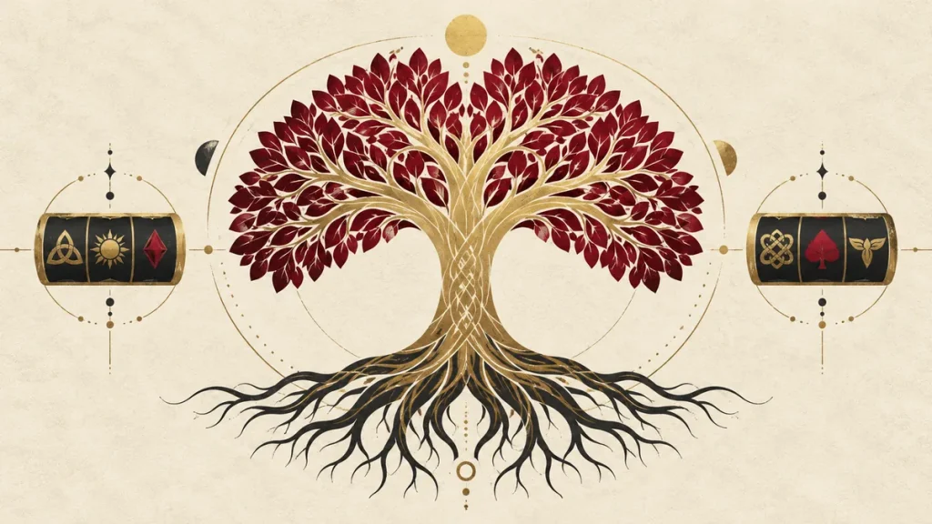 Stylized world tree with burgundy leaves, golden branches and slot reels